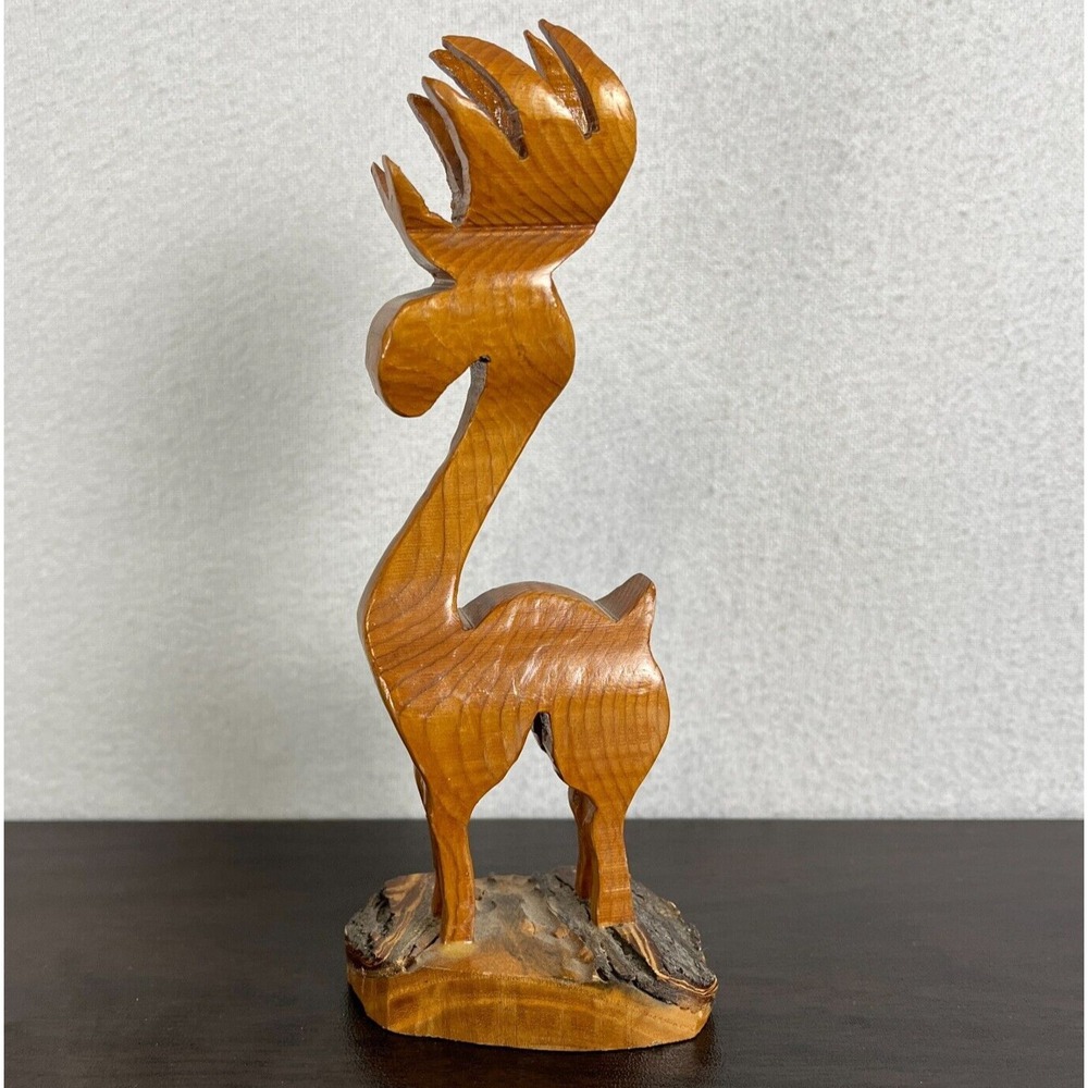 Hand Carved Wood Moose Figurine Brown Small 6.5"‎
